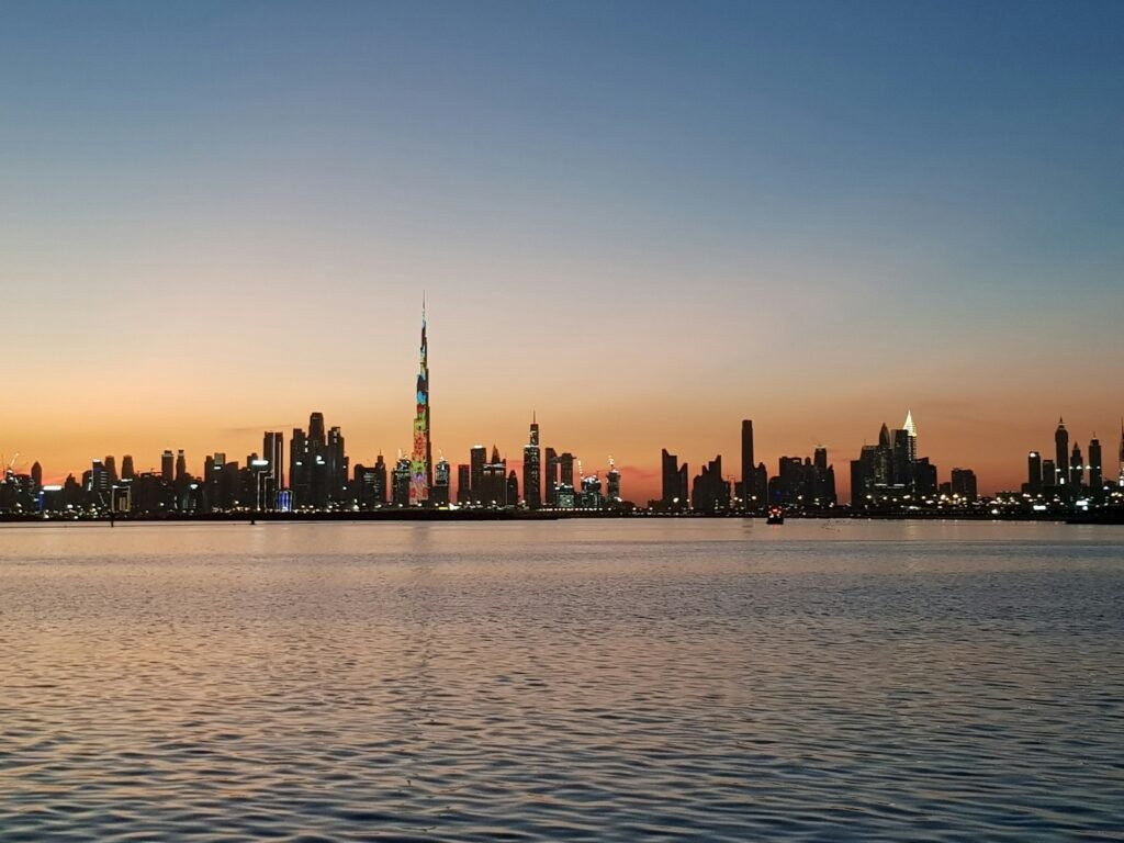 city skyline during night time