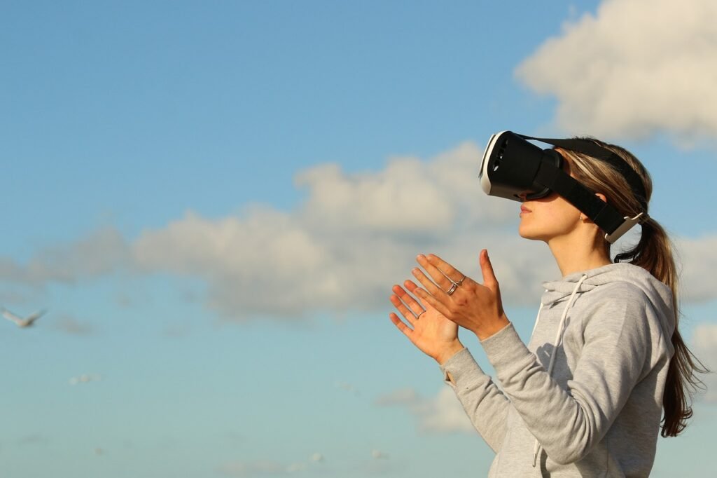 woman, virtual reality, game, clouds, ar, augmented reality, nature, female, girl, metaverse, outdoors, person, side view, sky, open arms