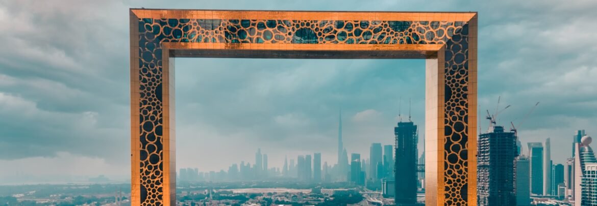 a picture frame in the middle of a city