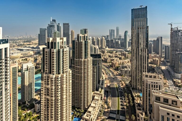 A view of a city with tall buildings