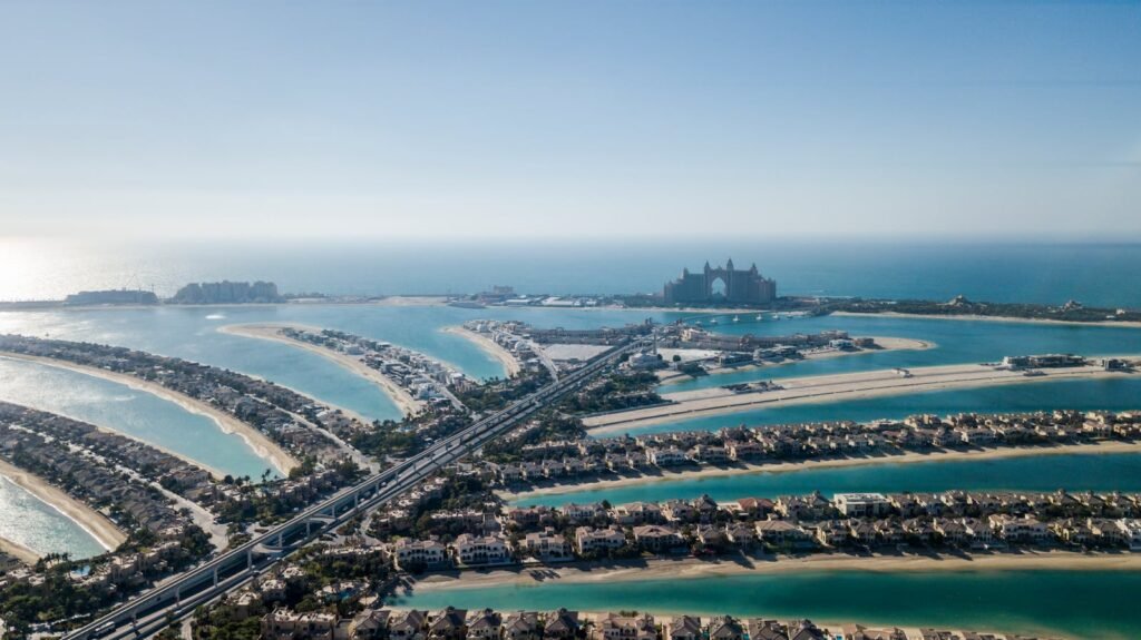 Stunning aerial view of Palm Jumeirah, an iconic artificial archipelago in Dubai, UAE.