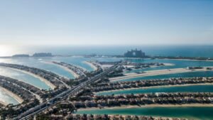 Stunning aerial view of Palm Jumeirah, an iconic artificial archipelago in Dubai, UAE.