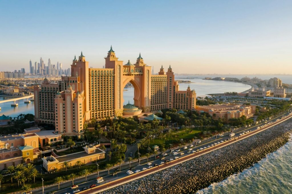 Breathtaking aerial view of Atlantis The Palm hotel in Dubai during a stunning sunset.