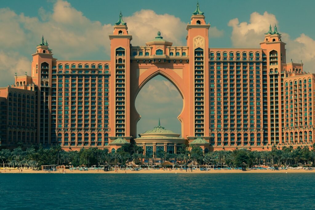 A large building sitting on top of a body of water