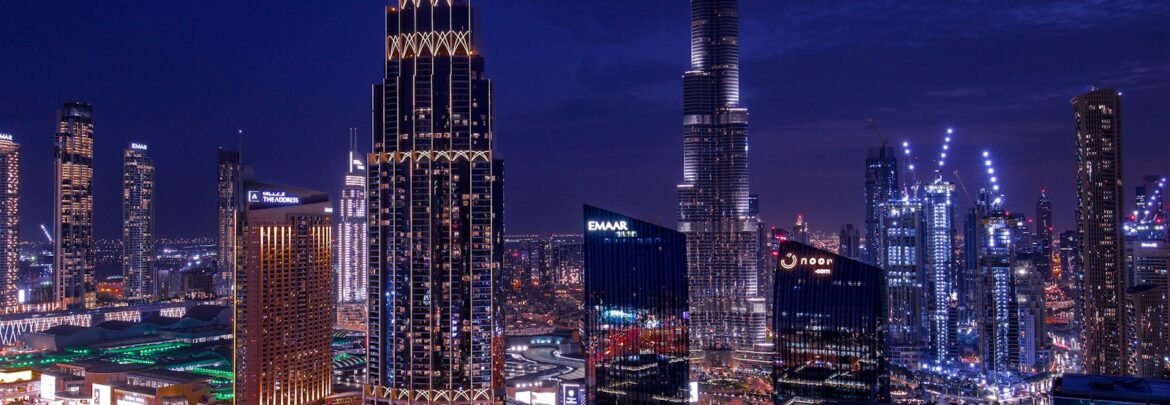 city skyline during night time