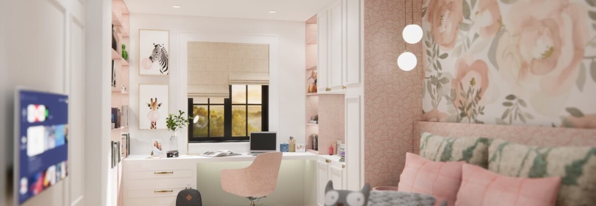 a bedroom with a bed, desk, and chair