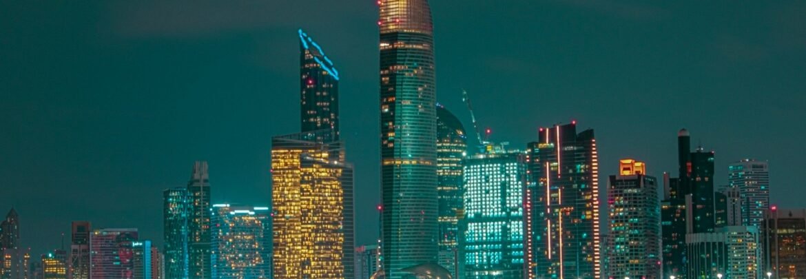 city skyline during night time