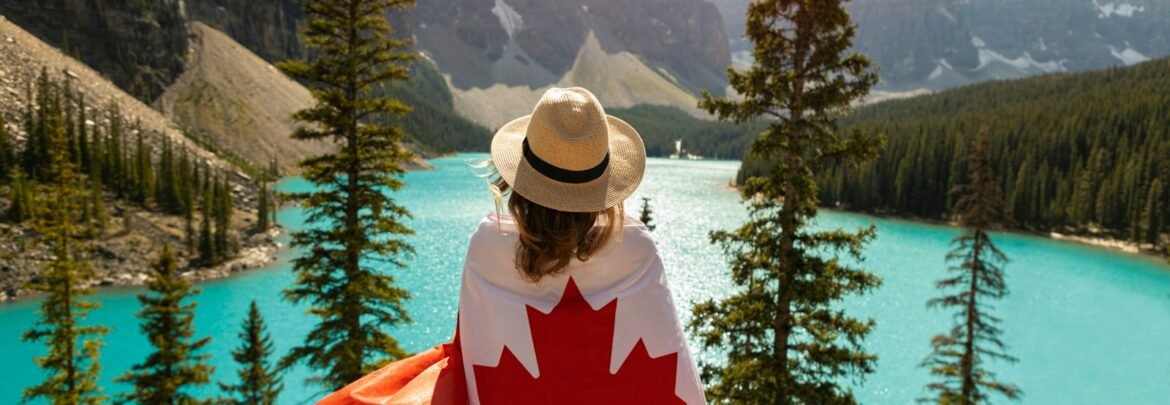 a woman with a canadian flag on her back