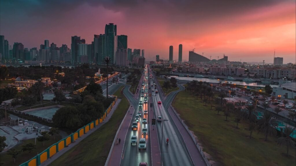 a long highway with a lot of traffic on it