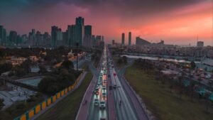 a long highway with a lot of traffic on it