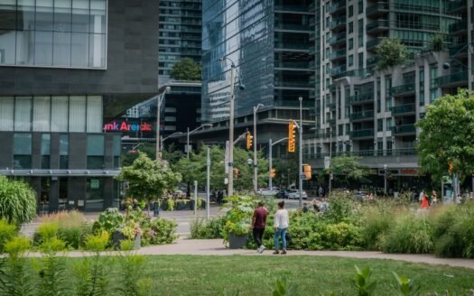 A couple of people walking around a lush green park