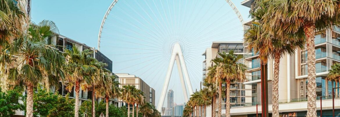 Explore the vibrant cityscape with Ain Dubai and palm-lined paths in this stunning urban view.
