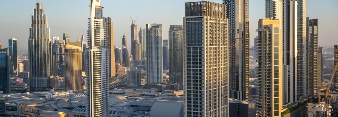 A view of a city with tall buildings