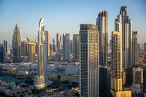 A view of a city with tall buildings