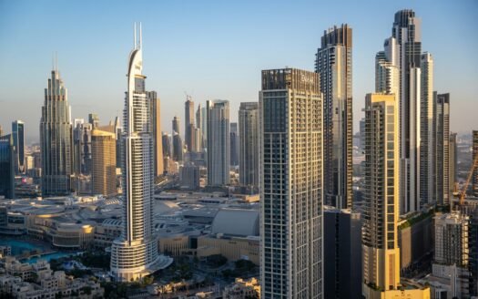 A view of a city with tall buildings