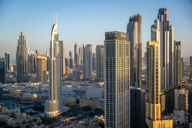 A view of a city with tall buildings