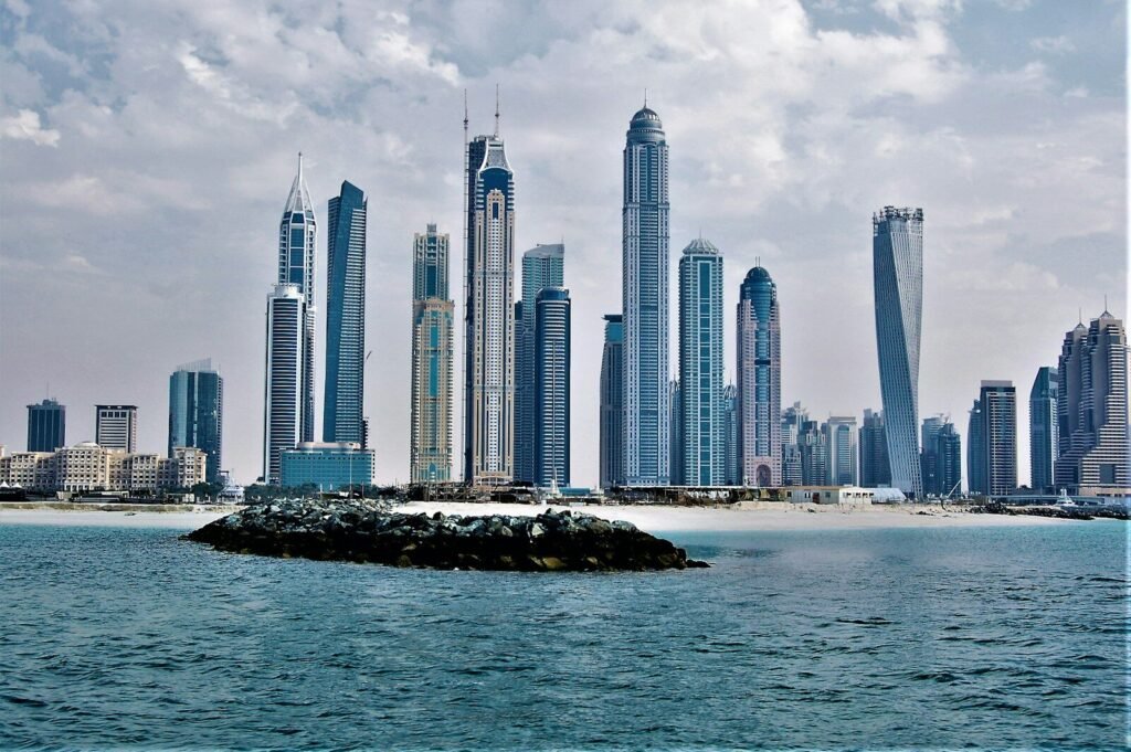 a city skyline across the water