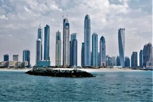 a city skyline across the water