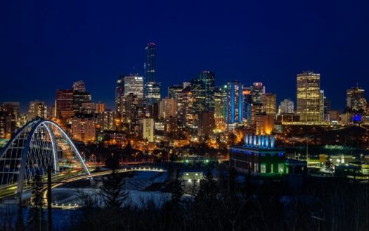 city skyline during night time